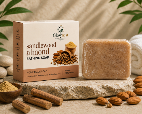 Glownest Sandalwood Almond Bathing Soap – Ayurvedic Herbal Soap for Glowing & Smooth Skin