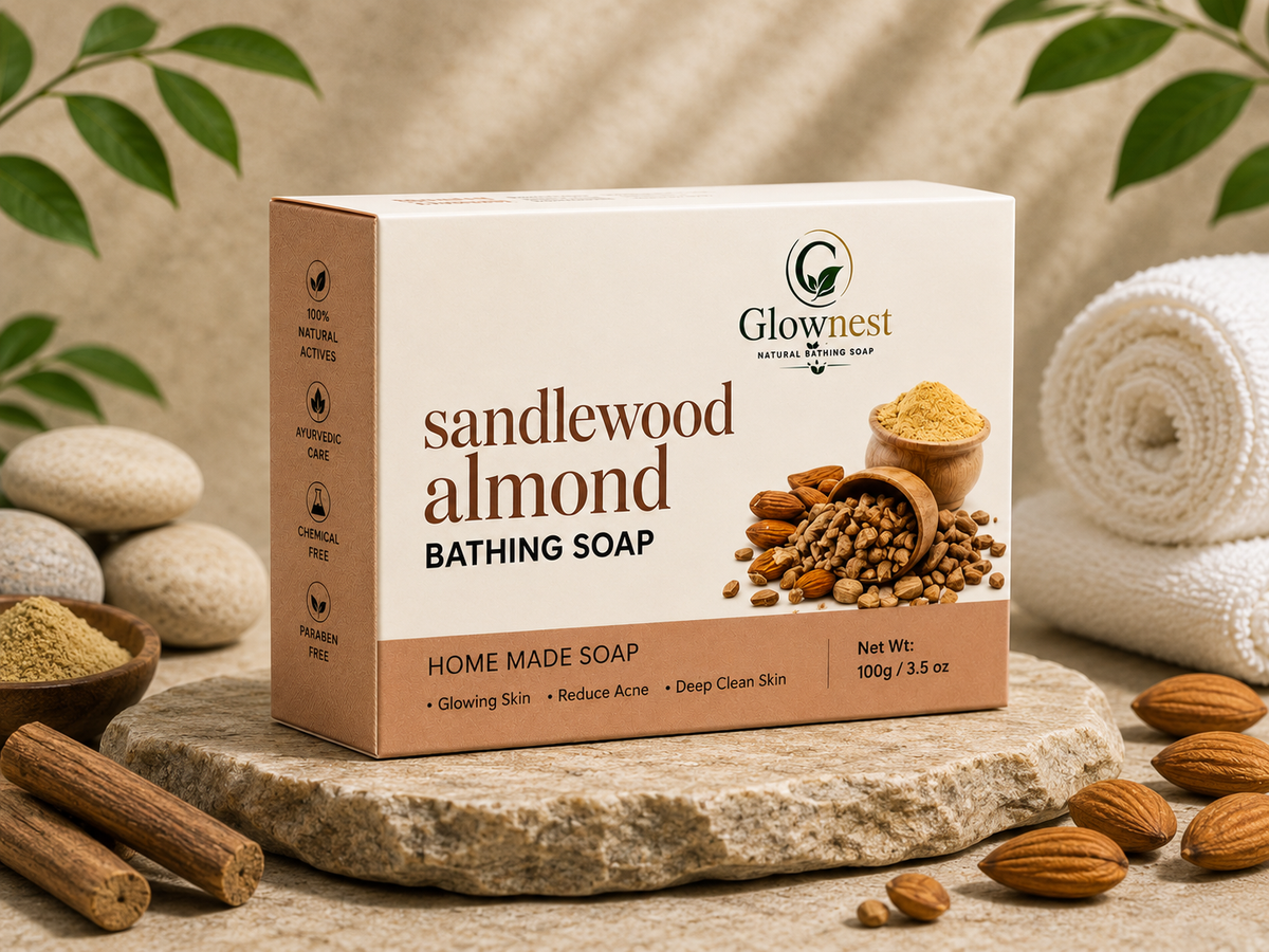 Glownest Sandalwood Almond Bathing Soap – Ayurvedic Herbal Soap for Glowing & Smooth Skin