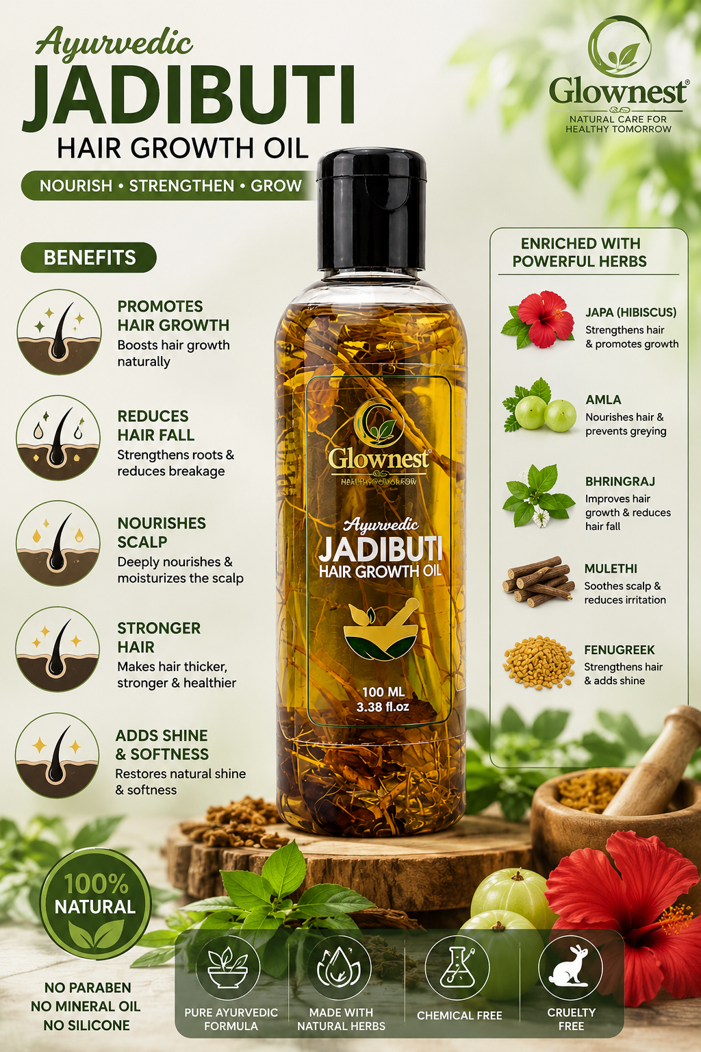 🌿GlowNest Ayurvedic Jadibuti Hair Growth Oil – 100 ml
